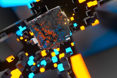 Havada rastgele dağıtılan koyu küpler, 3d render.