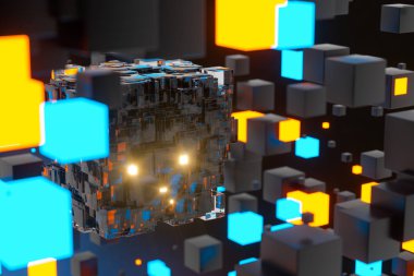 Havada rastgele dağıtılan koyu küpler, 3d render.