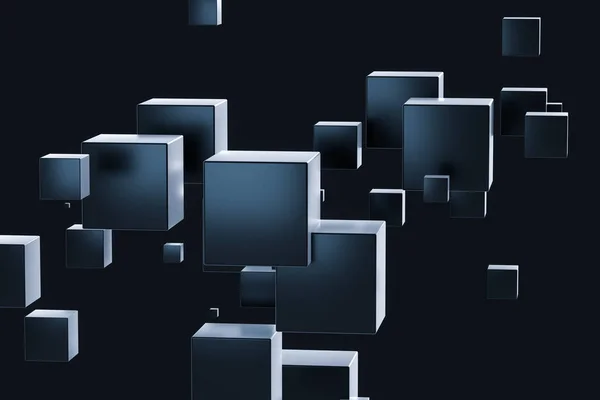 Cubos escuros distribuídos aleatoriamente no ar, renderização 3d . — Fotografia de Stock