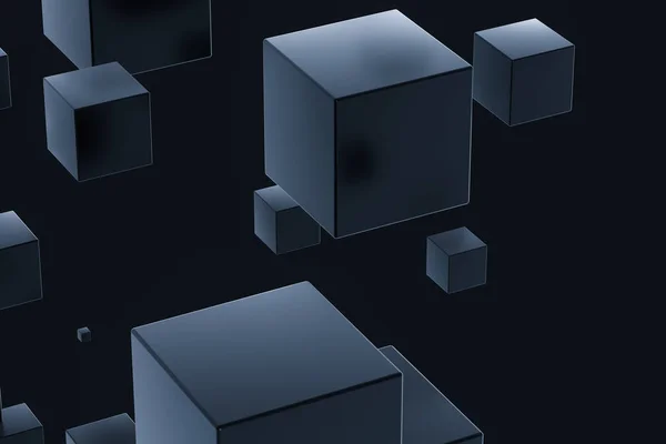 Cubos oscuros distribuidos aleatoriamente en el aire, representación 3d . —  Fotos de Stock