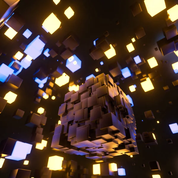 Cubi scuri distribuiti casualmente nell'aria, rendering 3d . — Foto Stock