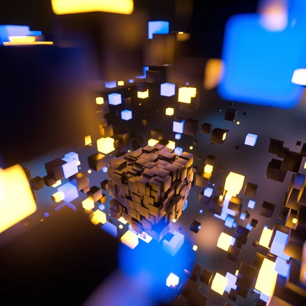 Donkere kubussen willekeurig verdeeld in de lucht, 3D-rendering. — Stockfoto