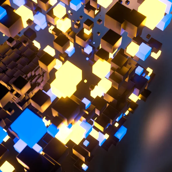 Donkere kubussen willekeurig verdeeld in de lucht, 3D-rendering. — Stockfoto