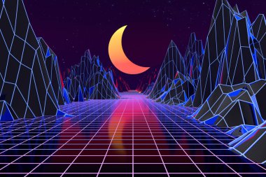 3d arka plan İllüstrasyon 80's Scene synthwave ve retrowave esinlenerek.