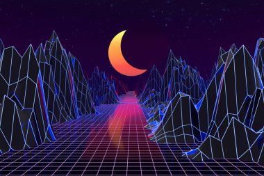 3d arka plan İllüstrasyon 80's Scene synthwave ve retrowave esinlenerek.