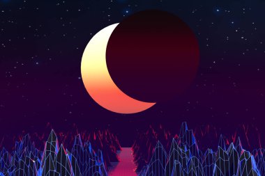 3d arka plan İllüstrasyon 80's Scene synthwave ve retrowave esinlenerek.