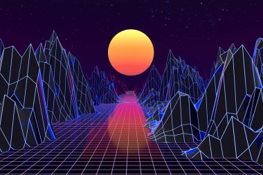 3d arka plan İllüstrasyon 80's Scene synthwave ve retrowave esinlenerek.