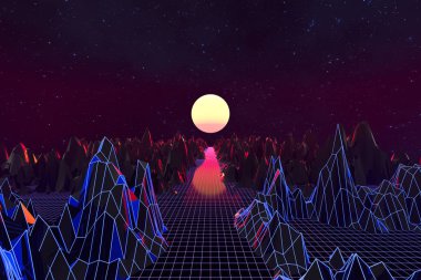 3d arka plan İllüstrasyon 80's Scene synthwave ve retrowave esinlenerek.