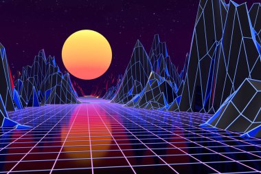3d arka plan İllüstrasyon 80's Scene synthwave ve retrowave esinlenerek.