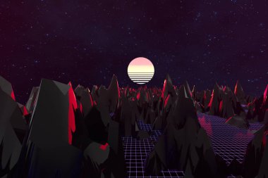 3d arka plan İllüstrasyon 80's Scene synthwave ve retrowave esinlenerek.