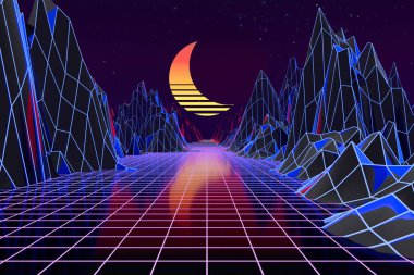 3d arka plan İllüstrasyon 80's Scene synthwave ve retrowave esinlenerek.