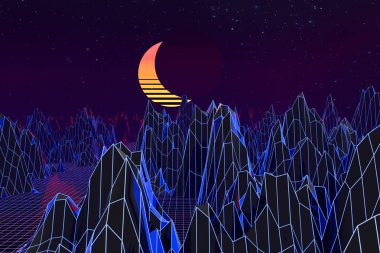 3d arka plan İllüstrasyon 80's Scene synthwave ve retrowave esinlenerek.