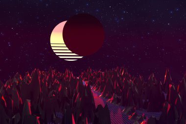 3d arka plan İllüstrasyon 80's Scene synthwave ve retrowave esinlenerek.