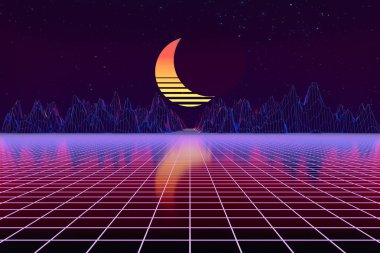 3d arka plan İllüstrasyon 80's Scene synthwave ve retrowave esinlenerek.