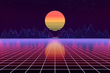 3d arka plan İllüstrasyon 80's Scene synthwave ve retrowave esinlenerek.