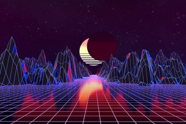 3d arka plan İllüstrasyon 80's Scene synthwave ve retrowave esinlenerek.