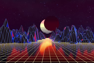 3d arka plan İllüstrasyon 80's Scene synthwave ve retrowave esinlenerek.