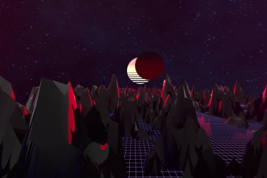 3d arka plan İllüstrasyon 80's Scene synthwave ve retrowave esinlenerek.