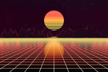 3d arka plan İllüstrasyon 80's Scene synthwave ve retrowave esinlenerek.