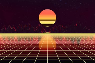 3d background Illustration Inspired by 80's Scene synthwave and retrowave. clipart