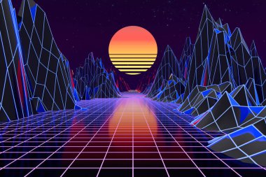 3d arka plan İllüstrasyon 80's Scene synthwave ve retrowave esinlenerek.