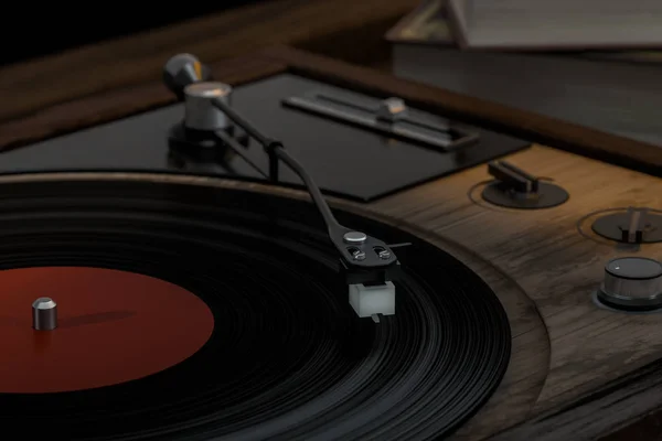 De oude houten vinyl platenspeler op de tafel, 3D rendering. — Stockfoto