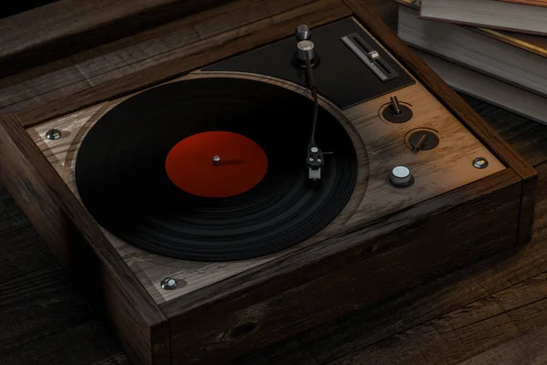 El viejo tocadiscos de vinilo de madera en la mesa, 3d renderizado . — Foto de Stock