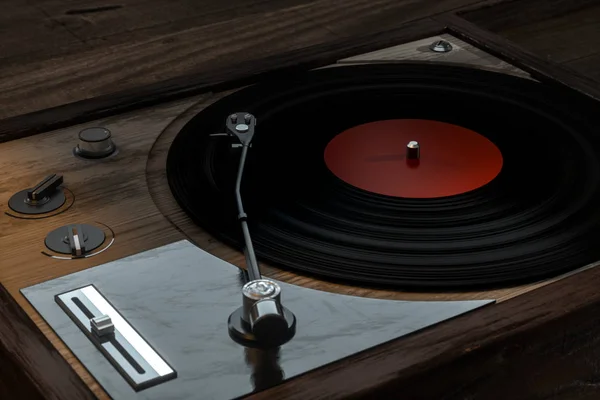 Le vieux tourne-disque vinyle en bois sur la table, rendu 3d . — Photo