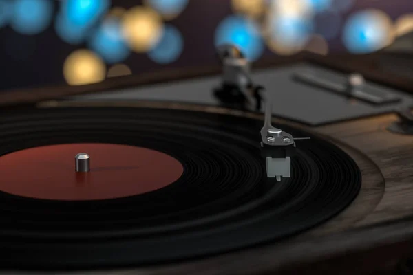 Den gamla trä vinyl skivspelare på bordet, 3D-rendering. — Stockfoto