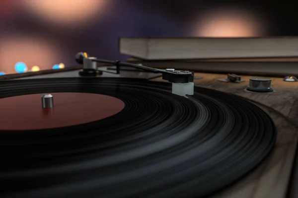 El viejo tocadiscos de vinilo de madera en la mesa, 3d renderizado . —  Fotos de Stock