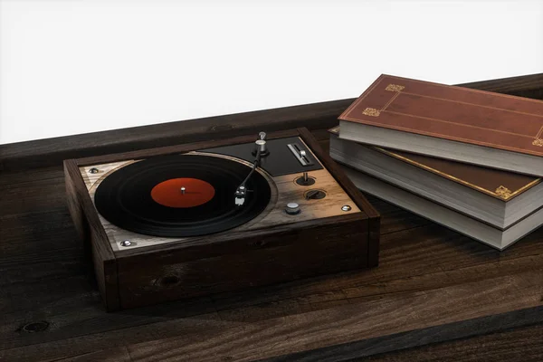 Il vecchio giradischi in vinile di legno sul tavolo, rendering 3d . — Foto Stock