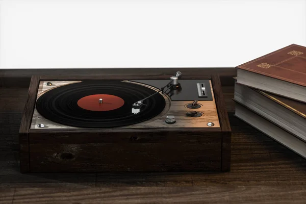 O velho leitor de discos de vinil de madeira na mesa, renderização 3d . — Fotografia de Stock