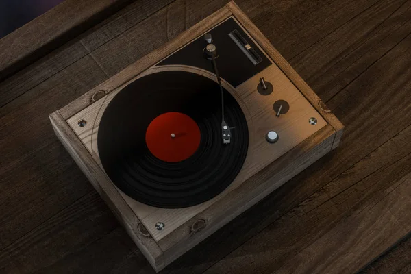Staré dřevěné vinylové gramofonové hráče na stole, 3D vykreslování. — Stock fotografie
