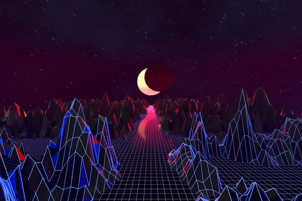 3d arka plan İllüstrasyon 80's Scene synthwave ve retrowave esinlenerek.
