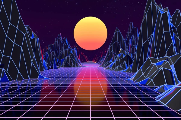 3d arka plan İllüstrasyon 80's Scene synthwave ve retrowave esinlenerek.