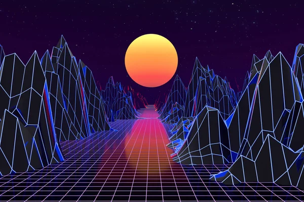 3D-bakgrund illustration inspirerad av 80-scen synthwave och retrowave. — Stockfoto