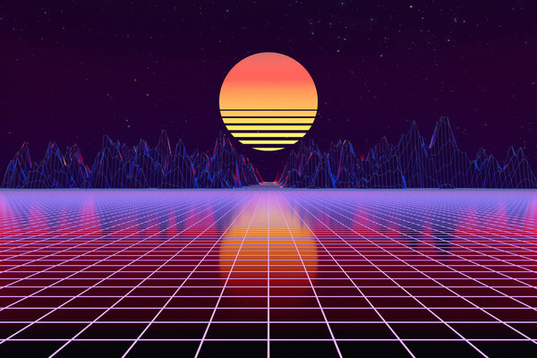 3d background Illustration Inspired by 80's Scene synthwave and retrowave.