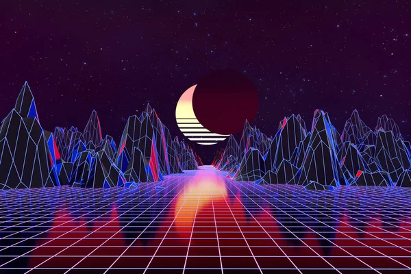 3d arka plan İllüstrasyon 80's Scene synthwave ve retrowave esinlenerek.