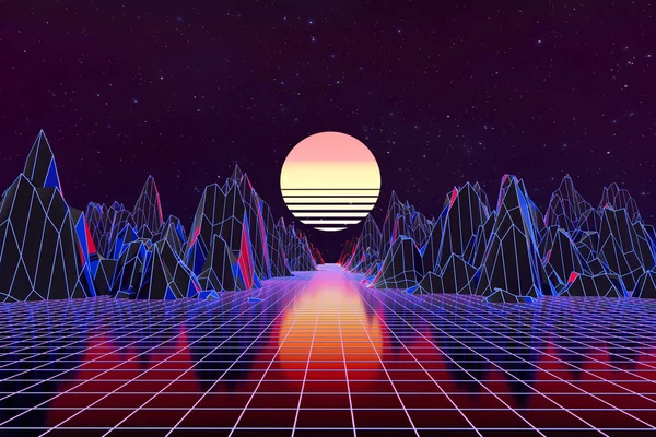 3d arka plan İllüstrasyon 80's Scene synthwave ve retrowave esinlenerek.