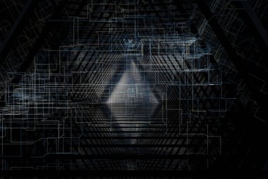 Parlayan hud hatları ile koyu üçgen tünel, 3d render