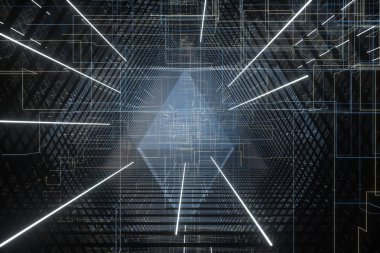 Parlayan hud hatları ile koyu üçgen tünel, 3d render