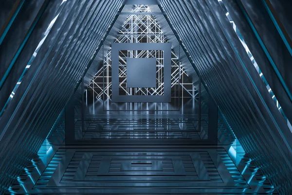 Túnel triangular escuro com linhas de hud brilhantes, renderização 3d — Fotografia de Stock