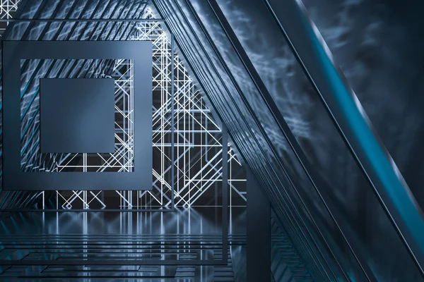 Donkere driehoek tunnel met gloeiende HUD-lijnen, 3D-rendering — Stockfoto