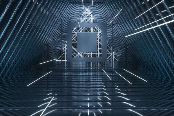 Tunnel triangle sombre avec des lignes de hud lumineux, rendu 3d — Photo