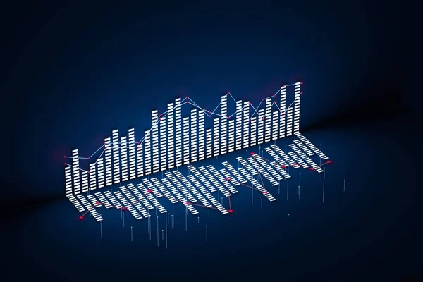 Business chart with line graph, bar chart and numbers on dark background, 3d rendering