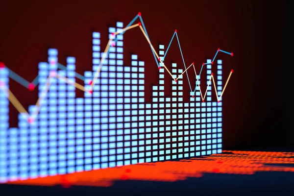 Business chart with line graph, bar chart and numbers on dark background, 3d rendering