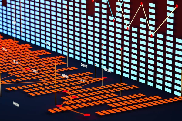 Forretningskart med linjediagram, søylediagram og tall på mørk bakgrunn, 3d gjengivelse – stockfoto