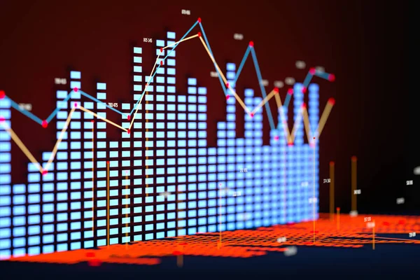 Business kaavio linja kaavio, pylväsdiagrammi ja numerot tumma tausta, 3d renderöinti — kuvapankkivalokuva