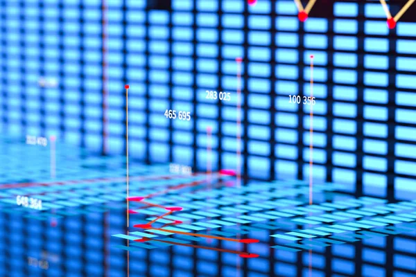 Forretningskart med linjediagram, søylediagram og tall på mørk bakgrunn, 3d gjengivelse – stockfoto