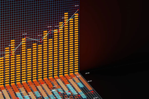 Business chart with line graph, bar chart and numbers on dark background, 3d rendering